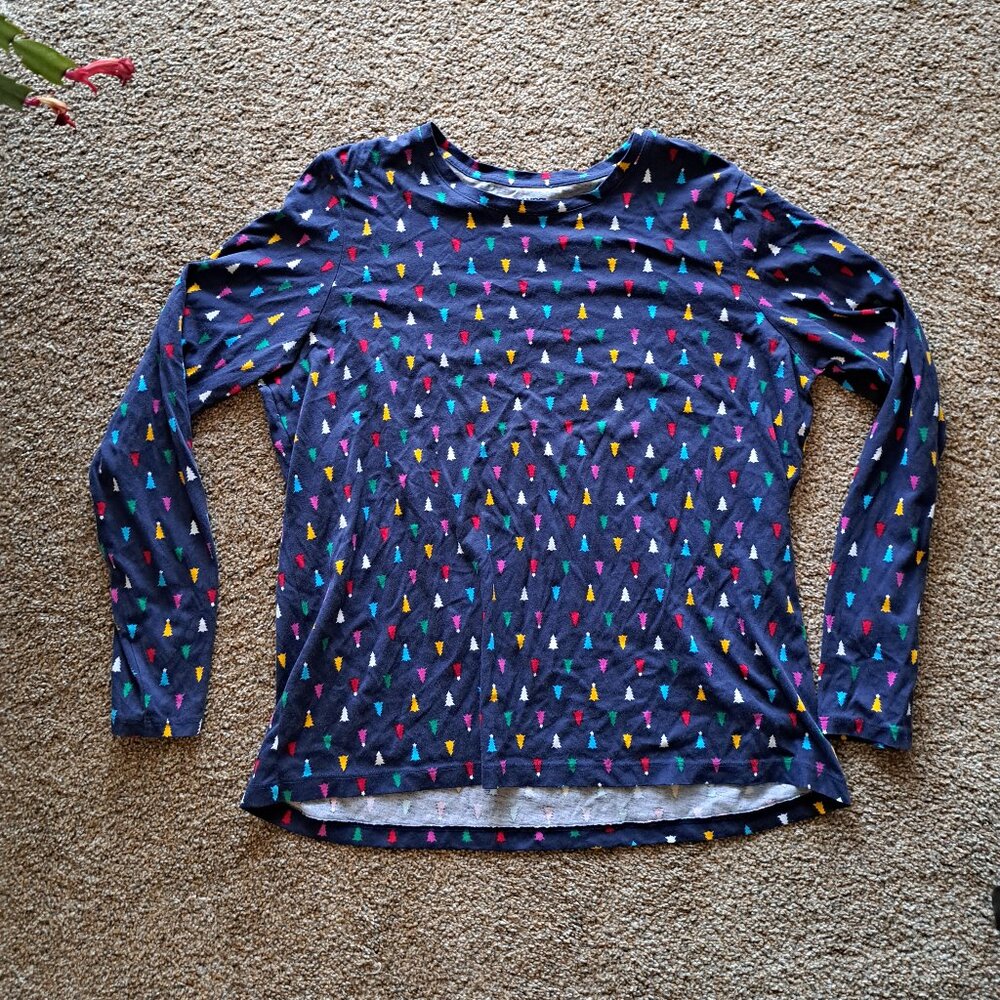 Lands’ End Dark Blue Long-Sleeve Shirt with Mini Colorful Christmas Trees Large